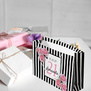 21. Geburtstag rosa Schwarz-weiße Streifen Große Geschenktüte