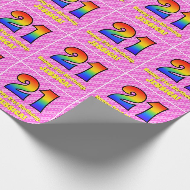 21. Geburtstag: Rosa Streifen & Herz, Regenbogen # Geschenkpapier (Ecke)