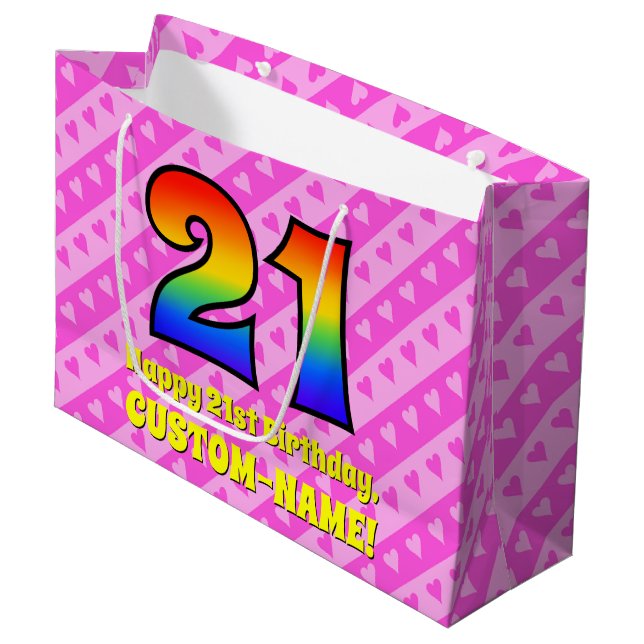 21. Geburtstag: Rosa Streifen & Herz, Regenbogen # Große Geschenktüte (Vorderseite Schrägansicht)