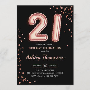 21. Geburtstag - Rose Gold Balloons Black Einladung