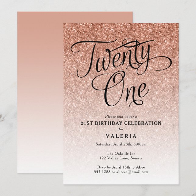21. Geburtstag Rose Gold Glitzer Einladung (Vorne/Hinten)