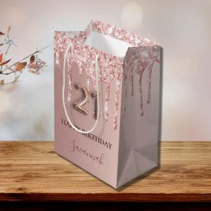 21. Geburtstag Rose Gold Glitzer Rosa Ballon Stil Mittlere Geschenktüte