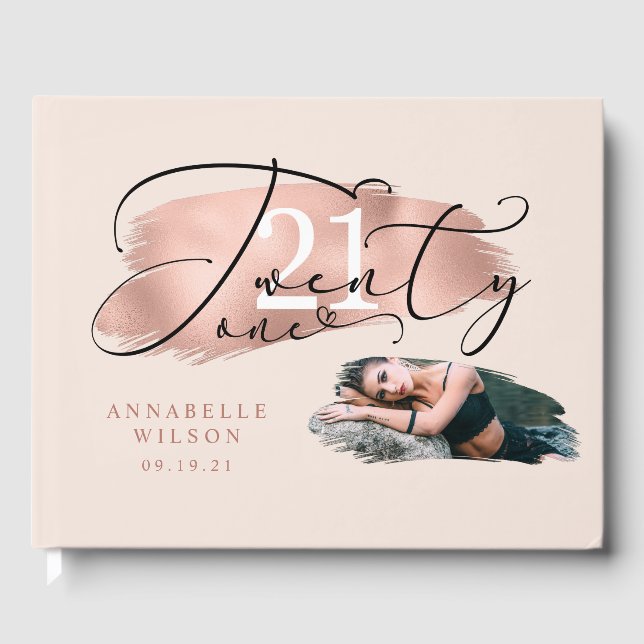 21. Geburtstag Rose Gold & Pink Foto Gästebuch (Vorderseite)