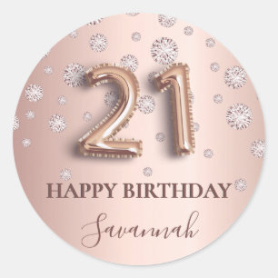 21. Geburtstag Rose Gold rosa Diamanten Ballon Sch Runder Aufkleber