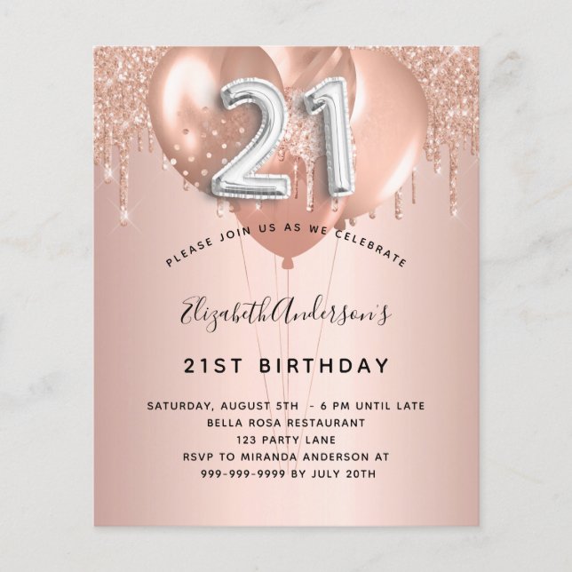 21. Geburtstag Rose Gold Silberballons Einladung (Vorderseite)