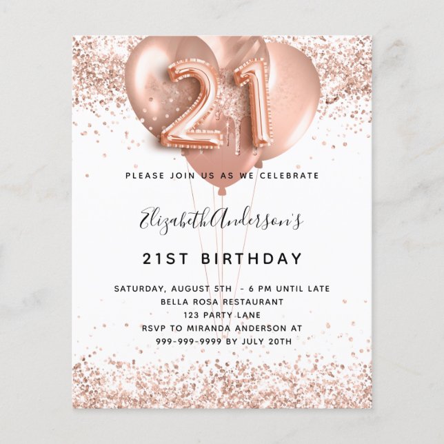 21. Geburtstag Rose Goldballons Weißes Budget Flyer (Vorne)