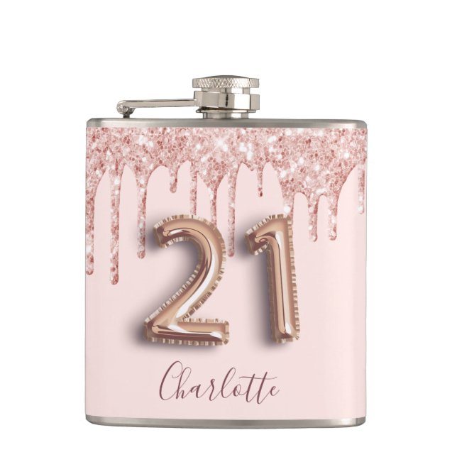 21. Geburtstag Rose Goldblush Glitzer Tropfen Name Flachmann (Vorderseite)