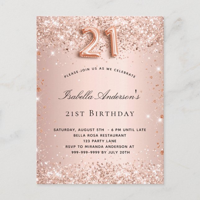 21. Geburtstag Rose Goldblütenstaub Glitzer Einladungspostkarte (Vorderseite)