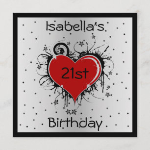 21. Geburtstag Rotes Herz auf Schwarz & Weiß einla Einladung
