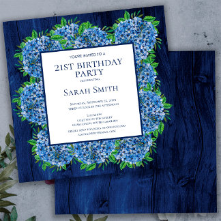 21. Geburtstag Rustic Wood Blue Hydrangeas Party Einladung