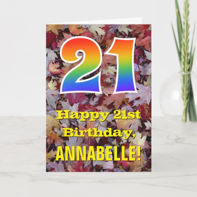 21. Geburtstag; Rustikale Herbstblätter; Regenboge Karte (Vorderseite)