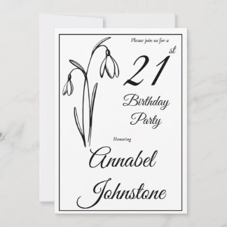 21. Geburtstag Schneeglöckchen Floral Schwarz und  Einladung