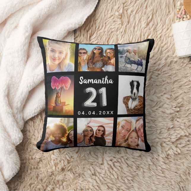 21. Geburtstag Schwarz-Silber-Foto Collage Kissen (Decke)