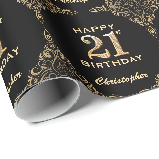 21. Geburtstag Schwarz und Gold Glitzer Rahmen Geschenkpapier (Rolleneckpunkt)
