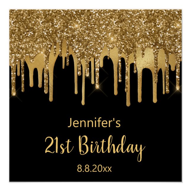 21. Geburtstag schwarze Gold Glitzer stilvoll Poster (Vorderseite)
