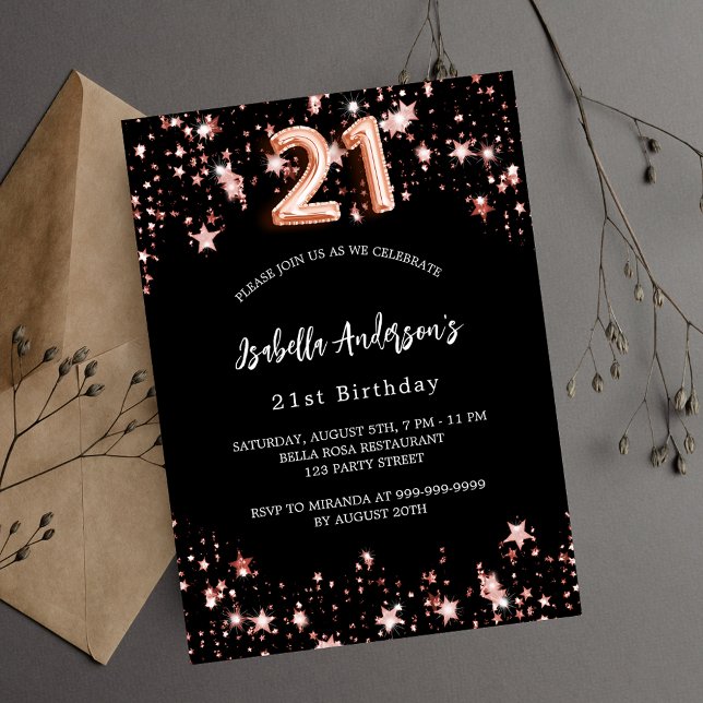 21. Geburtstag schwarze Rose Goldstars Einladungspostkarte (Von Creator hochgeladen)