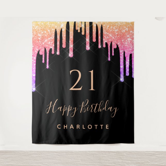 21. Geburtstag schwarzer Regenbogen Glitzer rosa l Wandteppich (Vorderseite)