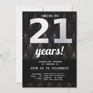 21. Geburtstag Schwarzes Silber Party Einladung