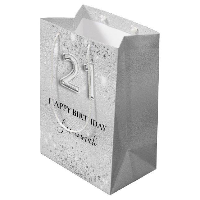 21. Geburtstag Silber-Glitzer-Glitzern-Monogramm Mittlere Geschenktüte (Rückseite Schrägansicht)