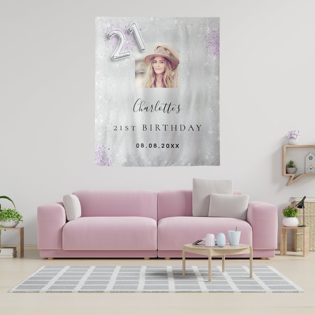 21. Geburtstag Silber lila Foto Glitzer Empfang Wandteppich (Von Creator hochgeladen)