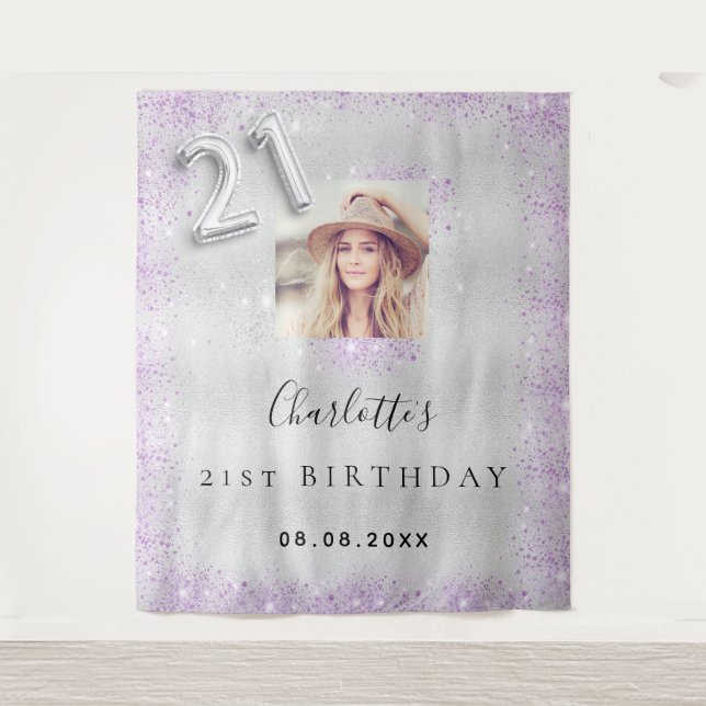21. Geburtstag Silber lila Glitzer Foto Empfang Wandteppich (Vorderseite)