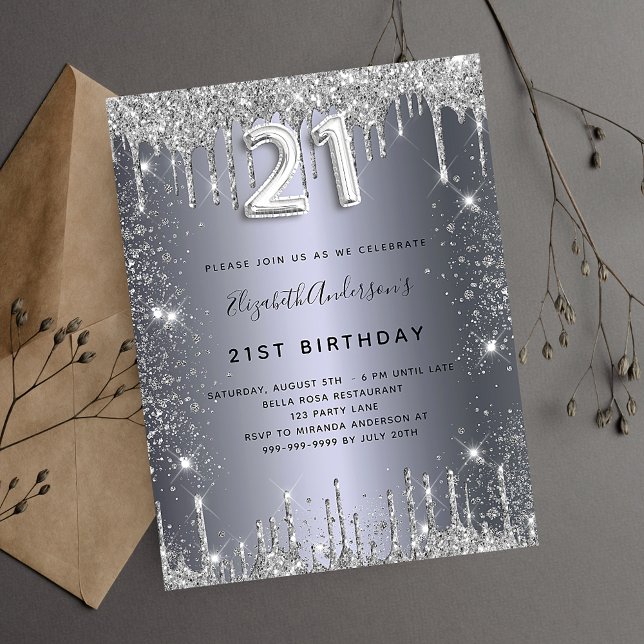 21. Geburtstag Silbermetall Glitzer Staubglasur Einladungspostkarte (Von Creator hochgeladen)
