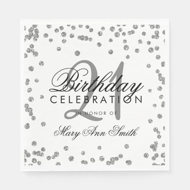 21. Geburtstag Silver Imitate Glitzer Confetti Whi Serviette (Vorderseite)