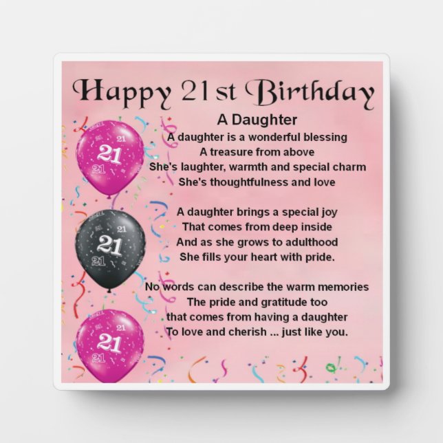 21. Geburtstag Tochter Gedicht Plaque Fotoplatte (Vorderseite)
