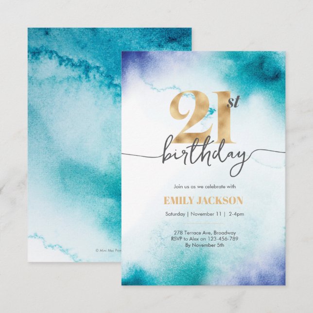 21. Geburtstag Türkis Aquarellgold Einladung (Vorne/Hinten)