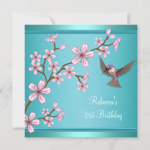 21. Geburtstag Türkisblaue asiatische rosa Blumen  Einladung