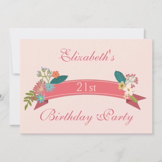 21. Geburtstag Vintagen Blume Rosa Banner Einladung (Vorderseite)