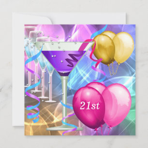 21. Geburtstag Weiße Rosa Lila Martini-Ballons Einladung
