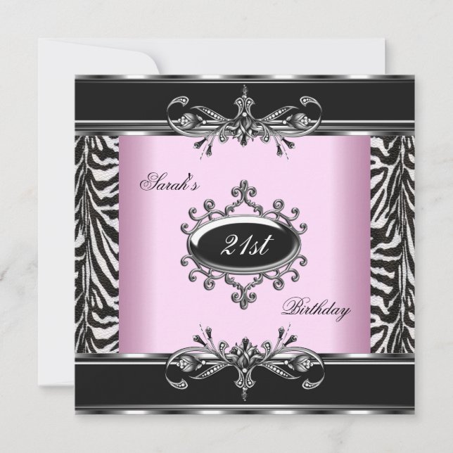 21. Geburtstag Zebra Schwarz-weiß Pink Silver Einladung (Vorderseite)