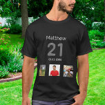 21. Geburtstags benutzerdefiniertes Foto Monogramm T-Shirt<br><div class="desc">Zum 21. Geburtstag als Geschenk oder für das Party. Eine Collage von 3 Fotos von Freunden,  Familie,  Interesse oder Haustieren. Personalisieren und fügen Sie seinen Namen,  Alter 21 und ein Datum. Geburtsdatum oder Geburtsdatum der Geburtstagsparty. Grauer und weißer Text.</div>