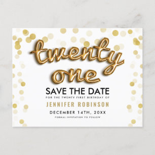 21. Geburtstags-Save the Date Gold steigt Glitzer Ankündigungspostkarte