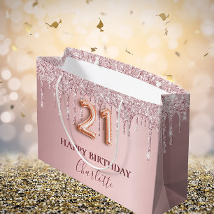 21. Geburtstagsblush Rosa Glitzer Tropfen Monogram Große Geschenktüte