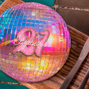 21. Geburtstagsfeier Gold Pink Glitter Disco Kugel Pappteller