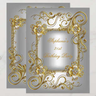 21. Geburtstagsfeier Grau Silber Gold Diamant 3 Einladung