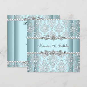 21. Geburtstagsfeier Teal Blau Weiß Perle Silber Einladung
