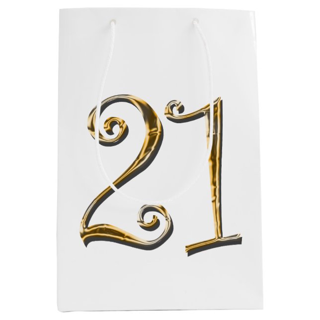 21. Geburtstagsgoldweißes elegantes Mittlere Geschenktüte (Vorderseite)