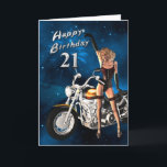 21. Geburtstagskarte mit einem Motorrad Karte<br><div class="desc">Ein Mädchen,  das mit einem großen Chopper,  eine große Geburtstagskarte aufwirft,  damit Sie senden</div>