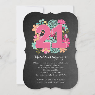 21. Geburtstagskarte Party Pappe mit Blumenmotiven Einladung