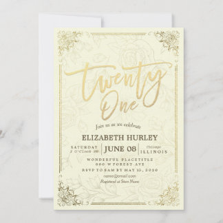 21 Geburtstagsparty Elegantes Script Gold Blumenra Einladung