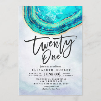 21 Geburtstagsparty Watercolor Aquamarin Gold Agat Einladung