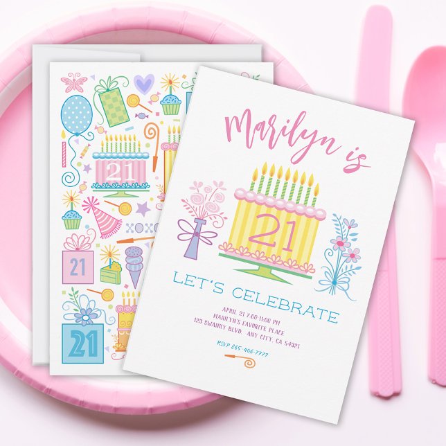 21. Geburtstagstorte Hübsche Blumeneinladung Einladung (Von Creator hochgeladen)