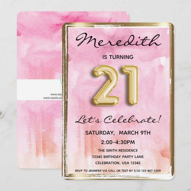 21. Girl Birthday Pink und Gold Einladung (Vorne/Hinten)