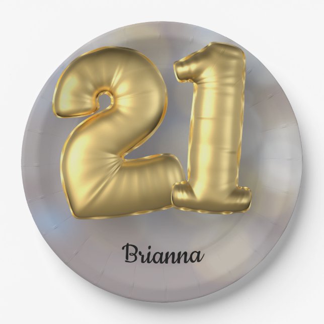 21 Goldballons mit Namen Pappteller (Vorderseite)