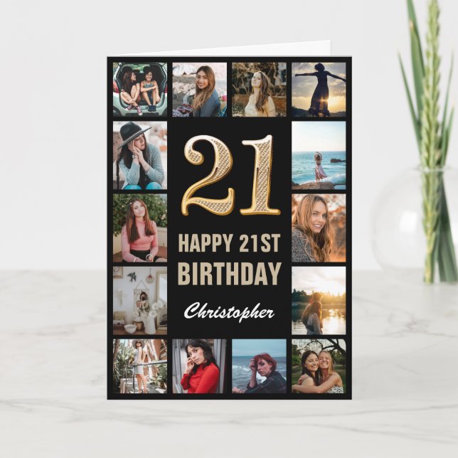 21. Happy Birthday Black and Gold Foto Collage Karte (Vorderseite)