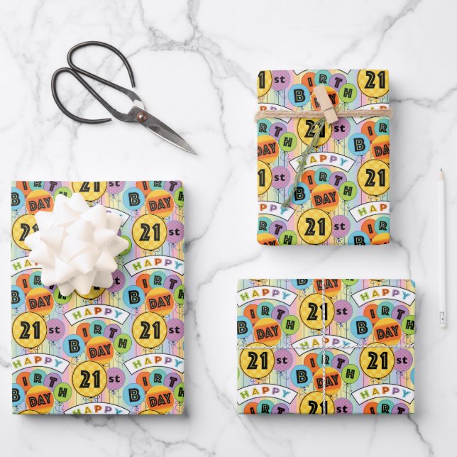 21. Happy Birthday Bright Typografy Balloons Geschenkpapier Set (Vorderseite)
