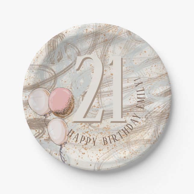 21. Happy Birthday Name Balloons Abstrakt Pappteller (Vorderseite)